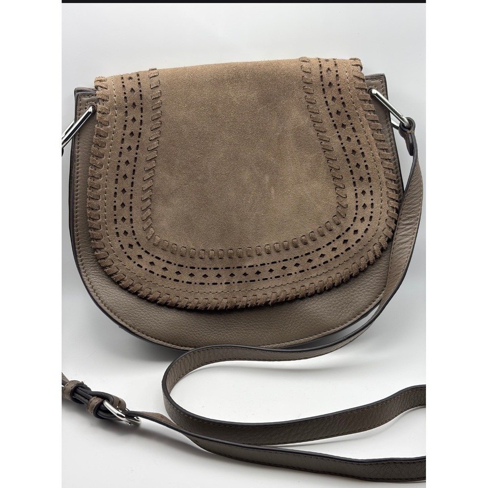 Vince Camuto Taupe Leather Suede Perforated Whipstitch Saddle Crossbody Bag